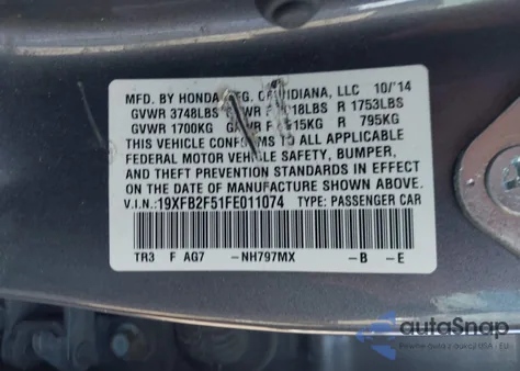 2015 Honda Civic Lx z USA, uszkodzony, nr VIN 19XFB2F51FE011074